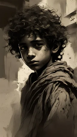 a Palestinian poor boy with curly hair, tears on eyes, holding olive branch, in keffiyeh, torn old dirty clothes, ruined city with flying ash and dust background, art by Wadim Kashin, James Gurney, Alphonse Mucha, Louis Royo, Alberto Seveso, Jeremy Mann and Russ Mills, black and white art, newclassim