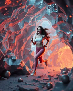 make a picture pretty cave made of crystal and metallic 3d fractal recursive cubic and sphere base structures and a beautiful fashion model lady with cute,curvy long hair,makeup, in pretty sports suit is running inside cave ,dynamic camera fallow her inside cave capturing full body, dynamic lights.
