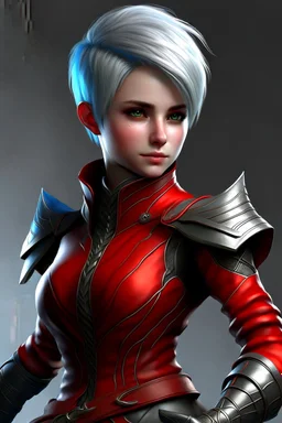 create an adult female air genasi from dungeons and dragons, dark gray short hair, light blue eyes, wind like hair, wearing red leather clothing, realistic, from waist up, digital art, high resolution