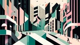 Combination curved black grid lines and pastel color blocks, like the curves of big city streets full of buildings and people on the move