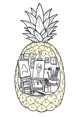 Pineapple Cozy Art Studio Coloring Page: A pineapple cross-section displaying an art studio. Features an easel, paint palettes, brushes, and artworks hung on the walls.