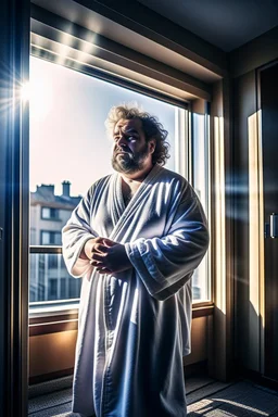 full figure shot photography of burly chubby turkish man 55 years old, at the windows in opened unfastened bathrobe , bulge, hands behind the head, emotive eyes, long beard, manly chest, curly hair, sharp focus, backlit, harsh overhead sunlight, ambient occlusion , photorealistic , frontal view