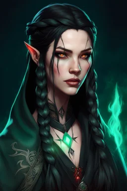 Beautiful young Hexblood warlock female character. Long straight jet-black hair to the waist. Half-up hairstyle with two loose Dutch braids on each side. Bright glowing pale emerald-red eyes. Delicate face. High cheekbones. Full lips. Soft smile. Faint dark vine markings on face and neck. Black long cloak. Scars, markings and tattoos Realistic dark fantasy. Highly detailed. Cinematic lighting.