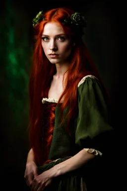 Portrait of a young peasant girl aged 18, forward facing. long red hair and green eyes. dark fantasy.