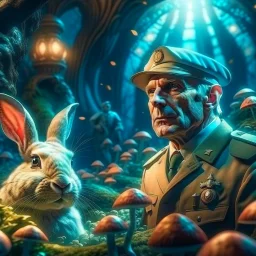 portrait of macho gestapo army officer inside glowing mushroom grove with huge fluffy space rabbit, 4 k, down-light, soft light, depth of field, photo realism, trending on art station, high detail, spray paint