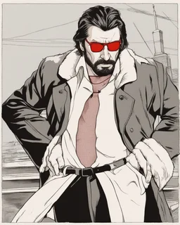 a young man with big muscles who looks like hans gruber wearing a heavy coat and red sunglasses staring with an irritated look on his face