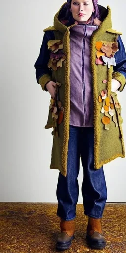 Image shows wholly a Brunette. average body type. Mantle is sewed of recycled Denim and sewed together of camouflage pieces. Camouflage colors are orange,terracotta, cream and purple. Cream latex gaiter. More yellow(Munsell)!!!Big bright purple/khaki felt tippet and cream or blue or lilac colored-hood. mantle is merged with satchel. . AKG-style headphones (gold rings!) is merged with small felt cap with small visor. Style: Haute Couture in 1936, Paris fashion in 2023.