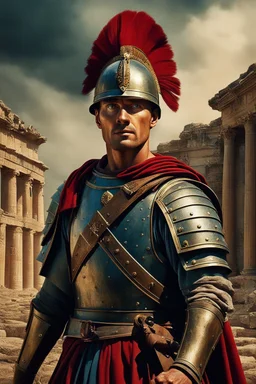 A movie poster of a Roman soldier low to up camera shots in the style of oil painting