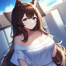 Clear focus, High resolution, Long fluffy brown hair, blue eyes, wearing a white skirt, detailed outfit, wearing a jacket oversized off shoulder, rough line, hair above ears, dog ears, off shoulder white shirt