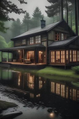 casa na floresta, chuva, lago, ghibli style