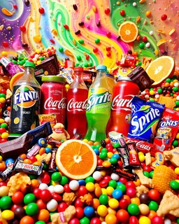 An image filled with Fanta, Coca-Cola, Sprite, chocolate, various fruit juices, candies, tropical fruit slices, various types of chocolates from global brands, M&M chocolates, chips, snacks, and chewing gum in a psychedelic, colorful, and eye-catching space.