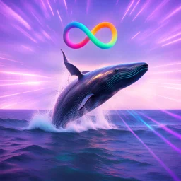 infinity symbol ∞ with vibrant powerful whale jumping out of the sea, striking, neon, chiaroscuro, dramatic, captivating, powerful, fantasy, beautiful, octane render, 16k post-production, artstation: award-winning: atmospheric: commanding: fantastical: clarity: ultra quality: striking: brilliance: stunning colors: amazing depth; lens: f/11, 35mm