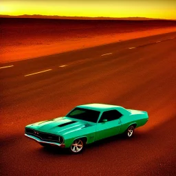 muscle car, desert road, sunset, full colour,