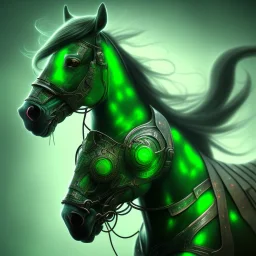 A beautiful portrait of a cyborg horse green color scheme, high key lighting, volumetric light high details psychedelic background