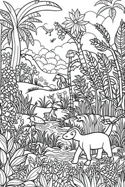 Stress Relief coloring page for kids, A cute jungle with playful animals, vibrant landscapes, and blooming flowers for Safari Adventure, cartoon style, thick outline, low details, no shading, no color