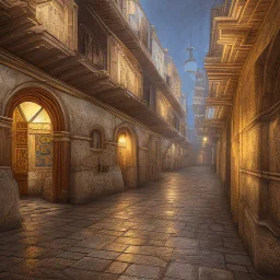 in an dark dirty underground city with many buildings pueblo, greek, and islamic architecture