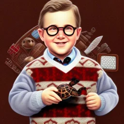 Peter billingsley chubby kid Tortoise-shell glasses, Holding a ((dark red soap)) in his hand, brown argyle sweater