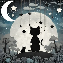 nighttime scene, little boy and adorable black cat made of 3d sculpted playdought, bioluminescent moon, stars hanging by strings, white zentangle clouds hanging by strings, 3d layered papercut style, paper mache, paper art, craft, digital art, black with contrast of white, anime art, a storybook illustration, gothic art
