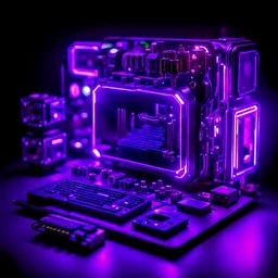 computer components, cyberpunk style, purple lighting black background