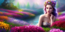 bright fairy, beautiful portrait, flowery landscape