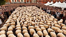 large crowd of people all with sheep heads