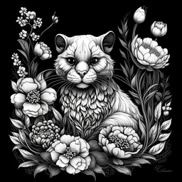 colorless tayra between seeds and big flowers black background .black and white colors. for a coloring. with grayscale
