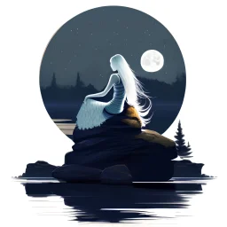 Afraid woman sitting on a rock on the moonlight