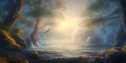 landscape, sea, chalice well, moon, forest, fantasy