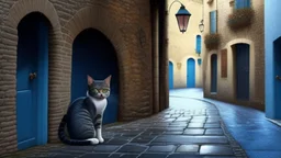 A cobbled alleyway, framed by stone arches, was almost empty save for a cat that slowly crossed, indifferent to the rain. In one corner, a woman in a blue coat waited under a black umbrella, her boots sinking slightly in the accumulated water.