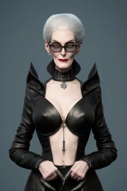 Carmen Dell`orifice as evil queen in black leather, leather, busty, cleavage, angry, stern look. character design by cory loftis, fenghua zhong, ryohei hase, ismail inceoglu and ruan jia. unreal engine 5, artistic lighting, highly detailed, photorealistic, fantasy