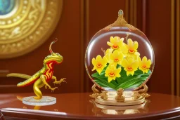 1512857901 hypersigil photograph of a beautiful yellow and red orchid in a clear glass rococo inspired vase on a mirrored deco themed end table in a shadowy corner of a nouveau era room with wood paneling in the style of Robert maplethorpe, tropical birds, lizards, snakes, insects, gorgeous, shamanic, ethereal, photorealistic, embellishments, long shot, wide shot, dof, deep focus, 3d render