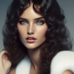 1970's sexy porno model , boobsie, cute, angelic face with minor blemishes, beautiful, long flowing hair, wavy hair, curly hair، black eyes, head and shoulders portrait, cinematic, 8k, resolution concept art portrait by Greg Rutkowski, Artgerm, WLOP, Alphonse Mucha dynamic lighting hyperdetailed intricately detailed, bokeh, Stunning 8k ektar film scan