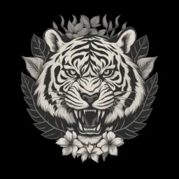 The picture is a black and white image of a tiger's head. The tiger has its mouth open and is showing its teeth. There are some leaves and a flower around the tiger's head. The image is on a white background.. Vintage T Shirt Design And Vector Illustration.Vector t shirt design on a white background