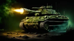 AMPHIBIOUS ATTACK TANK, BIG WHEELS AND CANNON, LIGHTS AND CAMOUFLAGE COLOR WITH SWAMP DARKNESS BACKGROUND