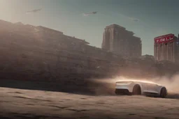 A Tesla 'Model Y' is drifting at top speed, in the 'Cloud City' of Bespin. CINEMATIC. WIDE ANGLE LENS. PHOTO REAL.