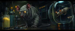 1️⃣ Lab Escape "A giant mummy rat with tattered bandages and glowing intelligent eyes hides among metallic lab equipment and glowing vials in a dim futuristic lab. It crouches cautiously, curious but wary. Nearby, a smaller rat is trapped in a glass cage, and another rat floats in a stasis pod. Dramatic chiaroscuro lighting in the style of Rembrandt, with anime-like expressive features on the rats, highlighting cleverness and tension."