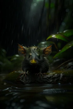 bat rat won the dark clouds, portrait in weird waterfall in moist swamp planet , photo-realistic, shot on Hasselblad h6d-400c, zeiss prime lens, bokeh like f/0.8, tilt-shift lens 8k, high detail, smooth render, down-light, unreal eng