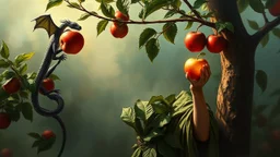 Masterpiece, Fairytale Atmosphere, Haze, Textured Oil Painting with Visible Brushstrokes, Eve in Leafy Clothing in the Garden of Eden Reaches for an Apple, A Serpent Perched on an Apple Tree Branch, Detailed and Effective Lighting Creates a Magical, Fairytale Picture. Detailed and Effective Lighting Creates a Magical, Fairytale Image. Realistic, Volumetric Lighting, Mixed Media, Surreal Futuristic Portrait, Glow, Textured, 3D, 8K, Best Quality, Fine Art, High Detail, Hyperrealism, High Resolutio