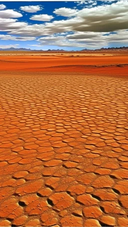 An orange colored arid wasteland with a dry lake painted by Jeffrey Kolker