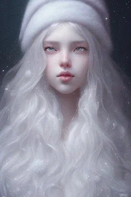 girl, cute, beautiful, long eyelashes, white hair, Santa hat, snowflakes, Christmas dress, closed mouth, head and shoulders portrait, 8k resolution concept art portrait by Greg Rutkowski, Artgerm, WLOP, Alphonse Mucha dynamic lighting hyperdetailed intricately detailed Splash art trending on Artstation triadic colors Unreal Engine 5 volumetric lighting