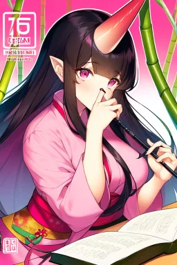Cute Japanese girl, with pink eyes, a only horn on left side of head, dressed in her pink kimono and a black haori, black long hair with reddish tips, a piece of bamboo covering her mouth, drawing manga style, vibrant colors, in a manga book cover