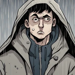 a closeup of a bored psychopathic young man no eyes in a heavy coat during a rainstorm cartoon