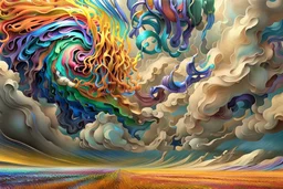 collaboration between Salvador Dali, Vincent Van Gogh, and Jean Baptiste Monge. Swirling rainbow storm clouds over a vast field of long grass and plentiful flowers swaying in the winds. Modifiers: fantasy many rainbow bubbles photorealistic beautiful colourful cinematic postprocessing Van Gogh acrylic art pencil sketch quilling salvator dali Craig Rutkowski