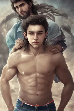 beautiful 12 year old arabic boy with long, curly hair and light blue eyes, not muscular, smiling, shirtless standing next to a 42 year old man