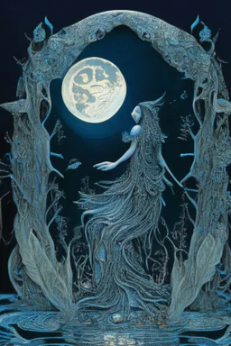 The recovered masterpiece entitled "Pond Goddess Full Moon " depicts The partially skeletonized Pond Goddess wearing a gorgeous gown made from beautifully detailed quilling consisting of feathers, foliage, fish scales, flowers, and gemstones appearing inside the reflection of the Full Moon on the water; neo-surrealism; fractal art; hieroglyphics; symbolism; quilling; intricately detailed; award-winning