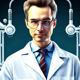 mad scientist in lab coat, white cell tower in background