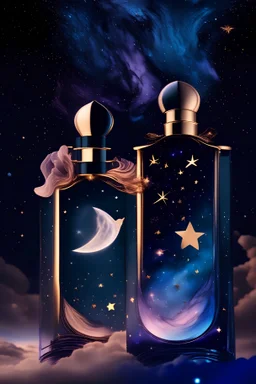 generate me an aesthetic photo of perfumes for Celestial Scents: Combine perfume bottles with a night sky or celestial elements.