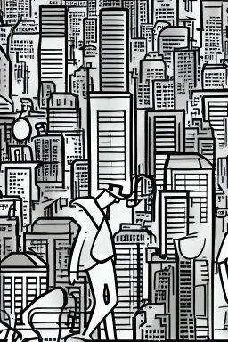 hand-drawn smoking man on a rooftop overlooking a detailed city with streets, building and skyscrapers in the style of stick-figure