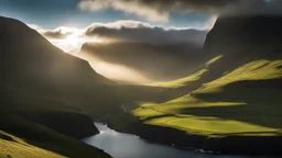 Mountainous landscape on the Faroe Islands, dramatic sunlight, chiaroscuro, awe-inspiring, beautiful composition, award-winning photograph