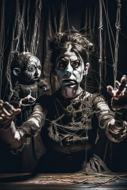 an digital explosive image of a woman seated on a table,facing to the front ,she is connected to string like a puppet, arms in air, moved by the strings, puppet like features in the face, beautiful face, behind her also facing the front is the puppet master,is a huge image of a man holding the strings, creepy gothic character,.zoomed in, dark and shadowy background with selective lighting on the woman, gothic and chaotic